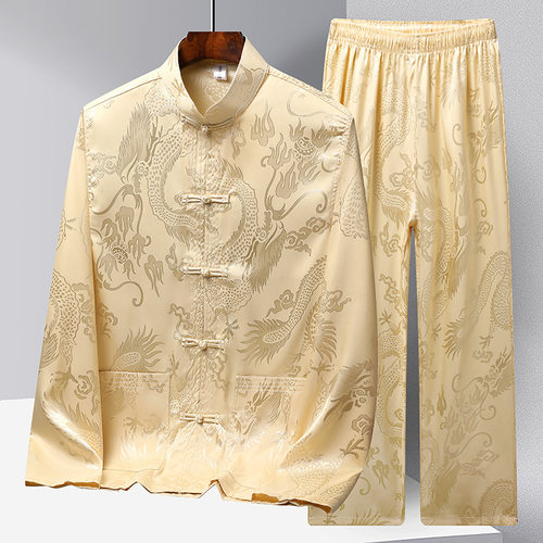 新中式龙纹唐装男冰丝长袖套装春夏季中老年人汉服爸爸爷爷太极服