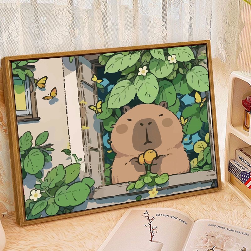 卡皮巴拉数字油画kdiy填充填色油彩画手工丙烯涂色卡通宫崎骏风画