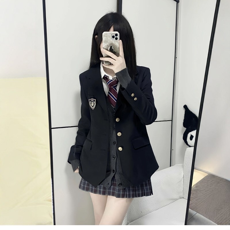速发JK制服感套黑冬学院风校供外秋色三粒扣垫肩小个子西服