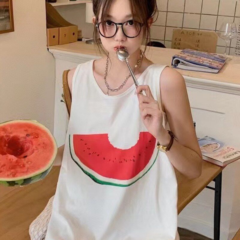 速发夏天清凉快无袖背心纯棉睡裙可爱西瓜印花清新全棉睡衣外穿家
