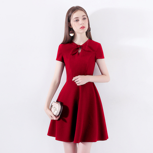 速发5婚小平礼服裙202订新款洋装晚宴酒红色连衣裙短款晚时可穿短
