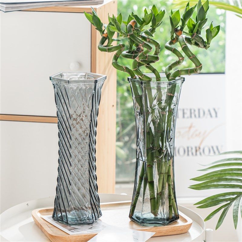 速发创干大号玻璃装瓶六角透明富贵竹百合玫瑰意花插花瓶客厅花饰