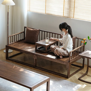 新中式沙发罗汉床小户型推拉床轻奢现代全实木胡桃木色沙发床