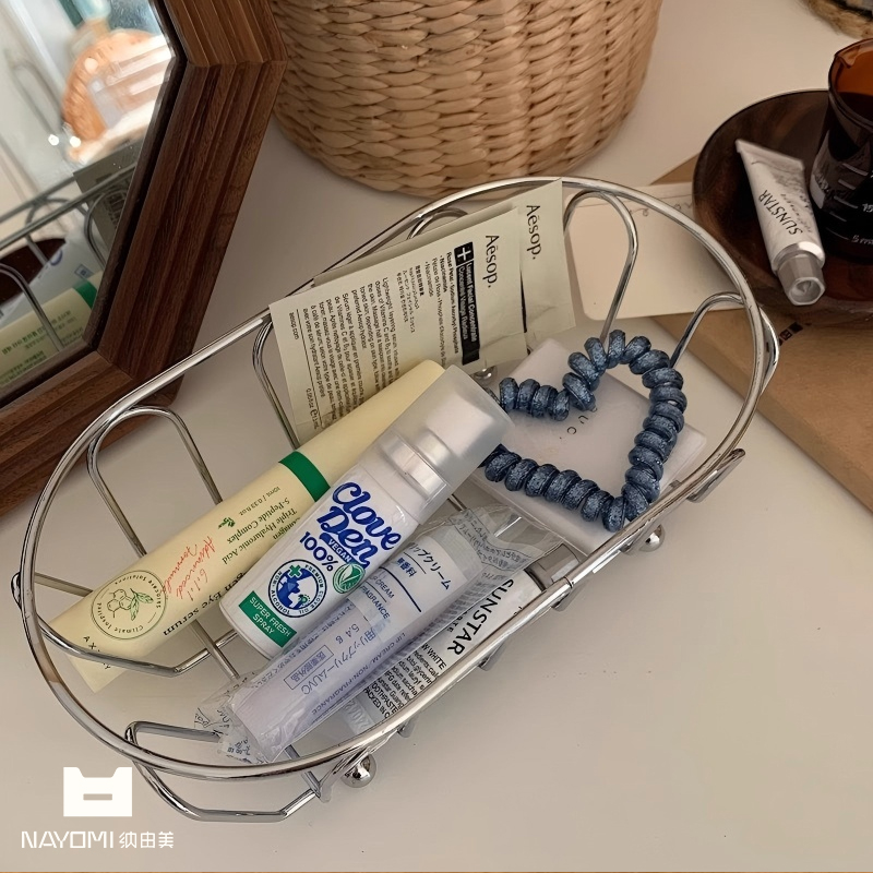 纳由美ins铁艺收纳筐便携桌面化妆品整理篮高级感零食储物置物架