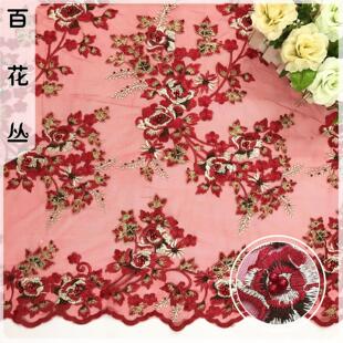 红色连衣裙花朵重工艺涤纶丝满幅 彩色水溶钉珠刺绣蕾丝面料