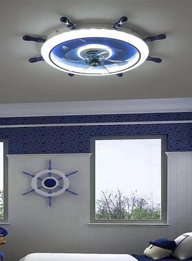 船舵吸顶灯地中海风格儿童风扇灯男孩卧室灯蓝色海盗船男童房间灯