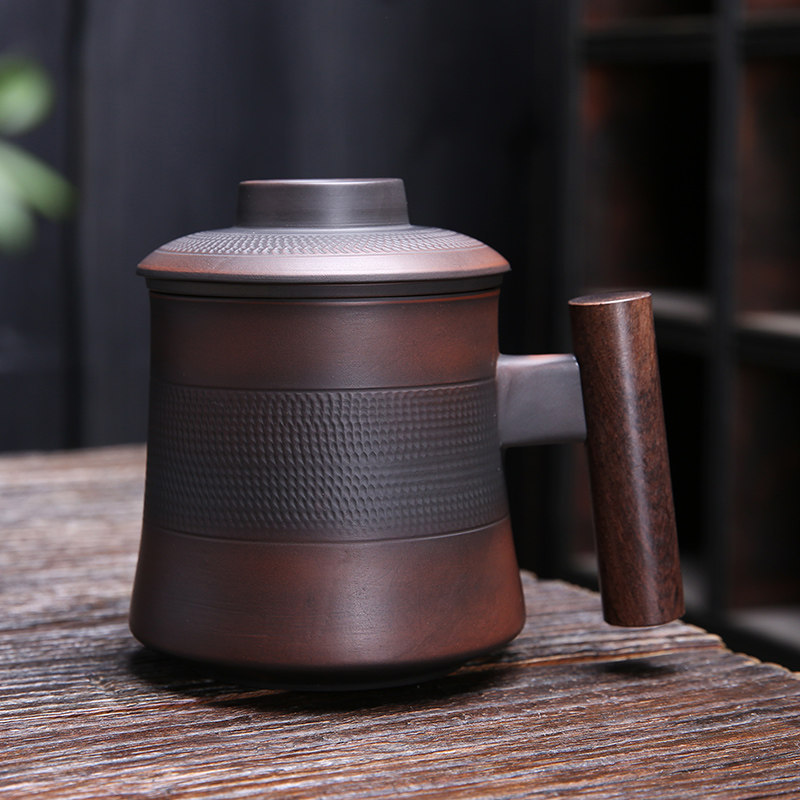 建水紫陶大容量办公室茶杯复古带盖过滤泡茶杯陶瓷茶水分离马克杯