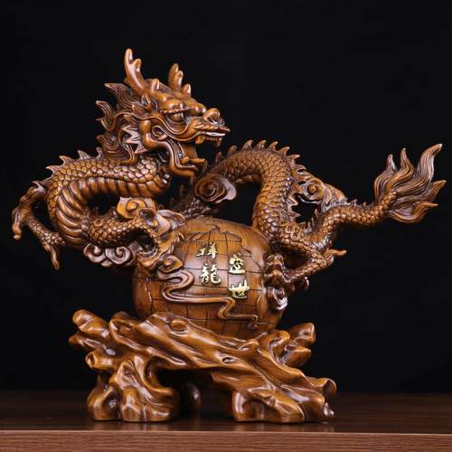 盛世祥龙摆件树脂工艺品木雕仿檀木色办公室装饰公司开业商务礼品