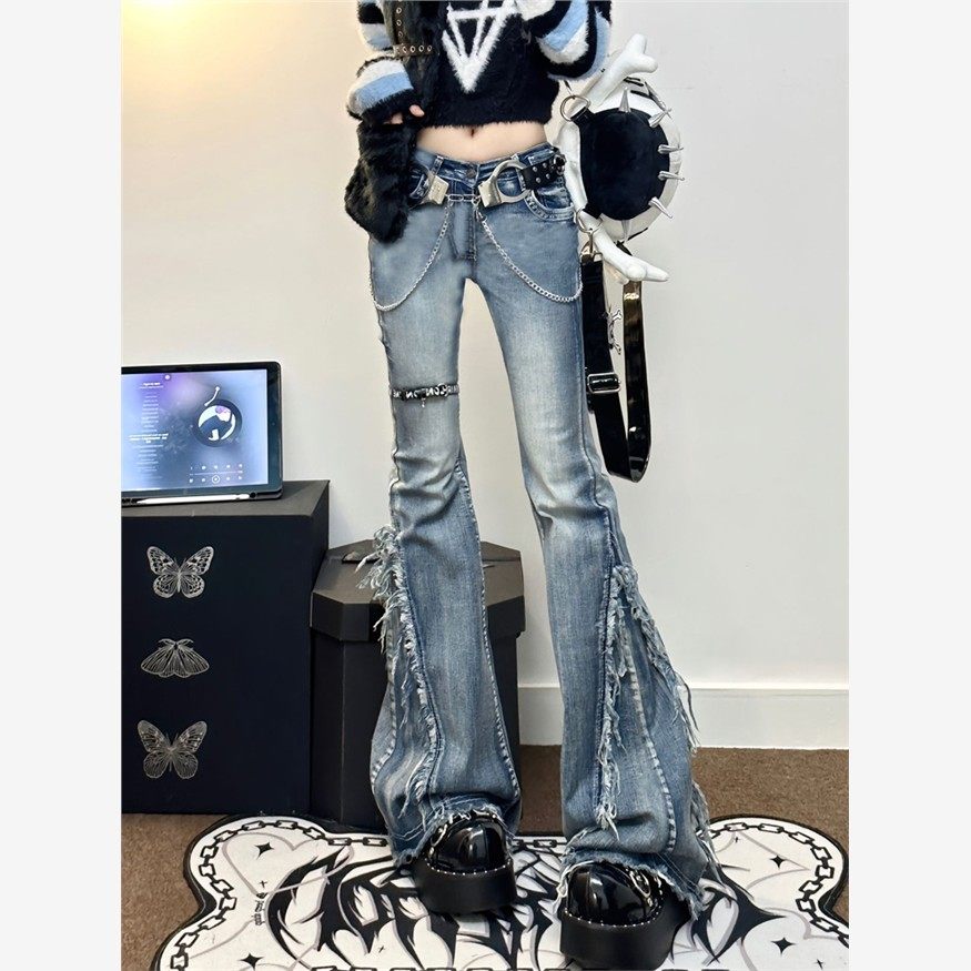 亚文化y2k美式蓝色微喇叭牛仔裤女夏高腰显瘦设计感裤子大尺码胖m