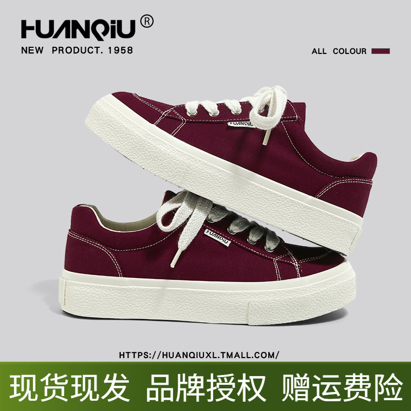 环球酒红色帆布鞋男2025新款