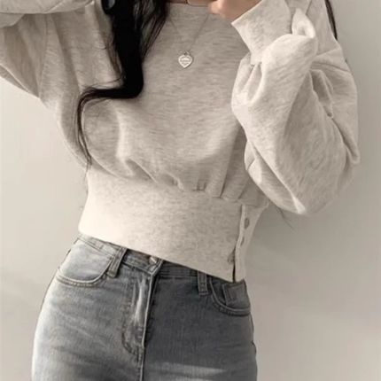 设计感小众短款收腰m圆领卫衣女秋季薄款百搭宽松显瘦无帽长袖上