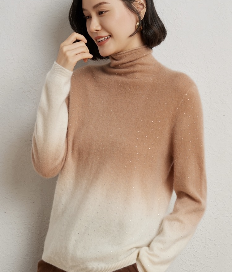 秋冬新款吊染烫钻羊绒衫女堆领渐变色宽松套头毛衣显瘦羊毛打底衫