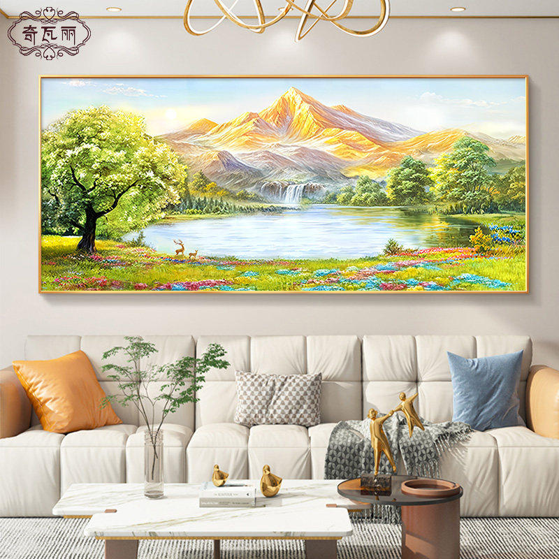 金山感沙发背景墙高级山水油画挂画轻奢风景装饰画客厅日照聚宝盆