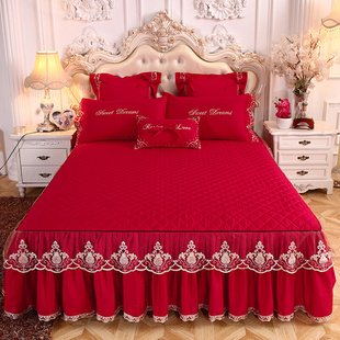 婚庆大红色夹棉床裙式 床罩单件公主风蕾丝刺绣花边加厚保护套防滑