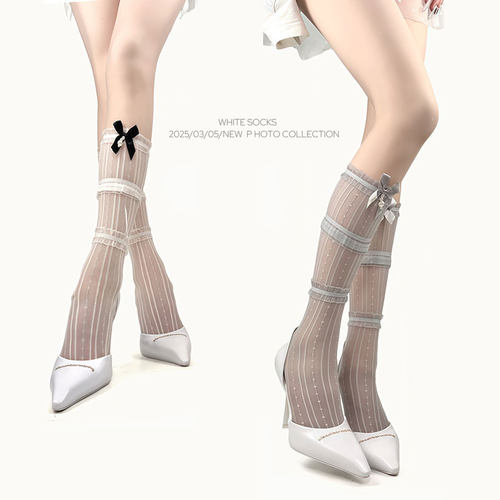 WHITE SOCKS 新款3层欲珍珠蝴蝶结芭蕾风小腿袜女薄款花边堆堆袜