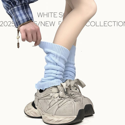 WHITE SOCKS 2025新款蓝色针织袜套透气花边小腿袜微喇堆堆袜套