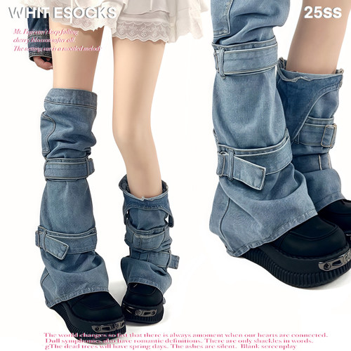 WHITE SOCKS美式辣妹口袋牛仔腿套ab款绑带显瘦堆堆袜套搭面包鞋