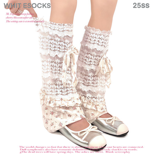 WHITE SOCKS 春夏日系洛丽塔蕾丝花边小腿袜女蝴蝶结绑带中筒袜套