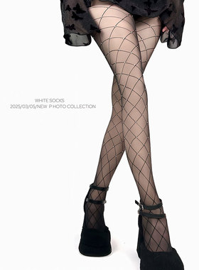 WHITE SOCKS 黑色带钻丝袜性感辣妹菱形格渔网袜防勾丝连裤袜女