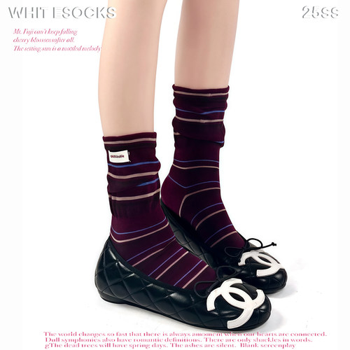 WHITE SOCKS酒红色秋冬韩系条纹袜子女jk精梳棉微喇miu系小腿袜