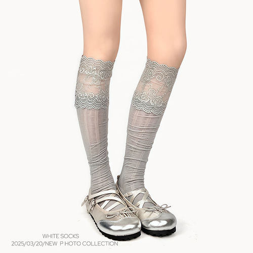 WHITE SOCKS纯欲风蕾丝花边小腿袜女春夏薄款miu风过膝袜长筒袜子