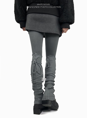 WHITE SOCKS 灰色花边针织堆堆袜露思同款绑带芭蕾风加长小腿袜套