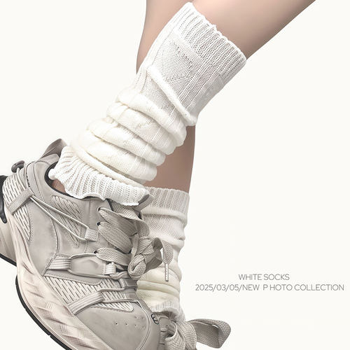 WHITE SOCKS 纯色堆堆袜女中筒袜喇叭口针织透气薄款小腿堆堆袜套