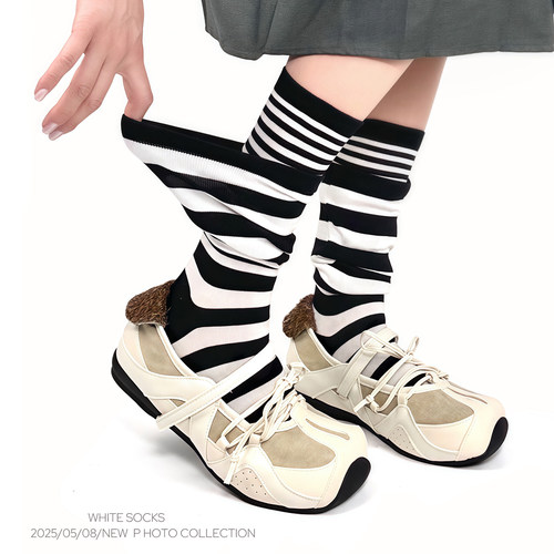 WHITE SOCKS春夏薄款斑马纹小腿袜女中筒复古穿假两件堆堆袜ins女