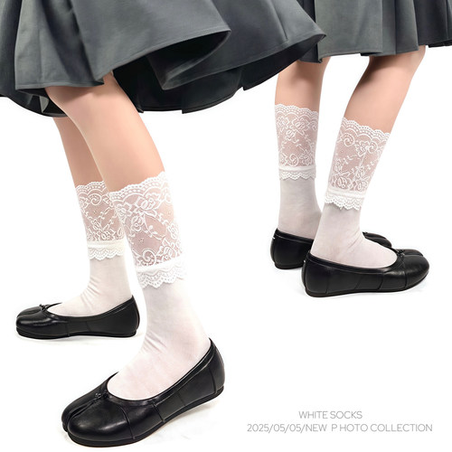 WHITE SOCKS白色蕾丝花边小腿袜女芭蕾风lolita堆堆袜甜美中筒袜