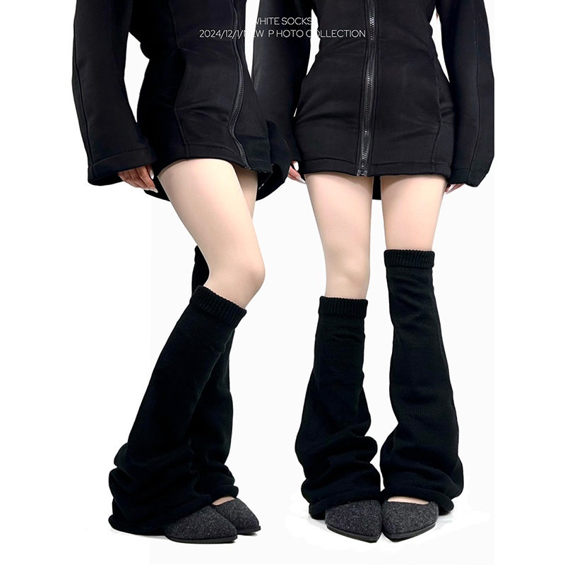 黑色加长针织喇叭型y2k堆堆袜套
