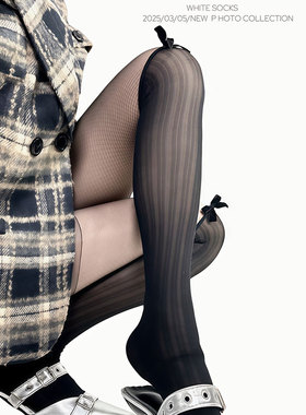 WHITE SOCKS 春夏黑色木耳边丝袜暗黑丝绒蝴蝶结网格拼接连裤袜女