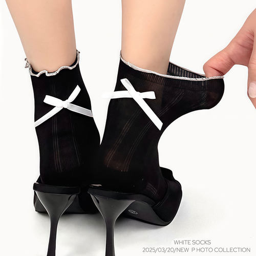 WHITE SOCKS纯欲风蝴蝶结花边袜子女春夏薄款透气jk中筒袜芭蕾风