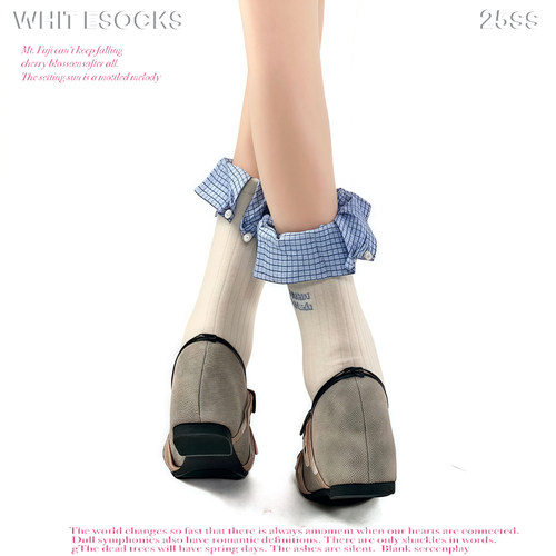 WHITE SOCKS韩系米白蓝格蓬边袜子女竖条刺绣中筒袜搭配雪小皮鞋