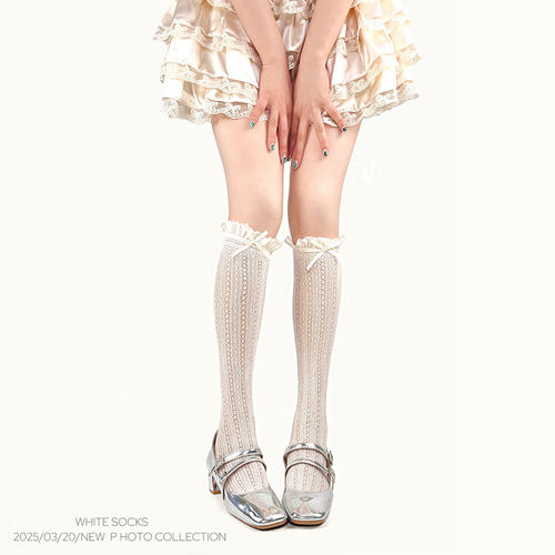 WHITE SOCKS蕾丝花边白色袜子女薄款蝴蝶结芭蕾风中筒袜日系jk袜