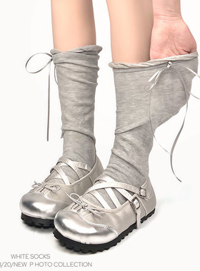 WHITE SOCKS灰色芭蕾风小腿袜女春夏薄款蝴蝶结堆堆袜配玛丽珍鞋