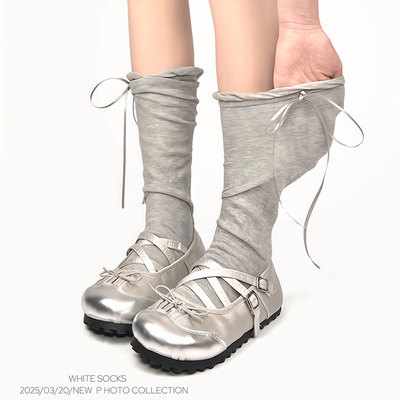 WHITE SOCKS灰色芭蕾风小腿袜女春夏薄款蝴蝶结堆堆袜配玛丽珍鞋