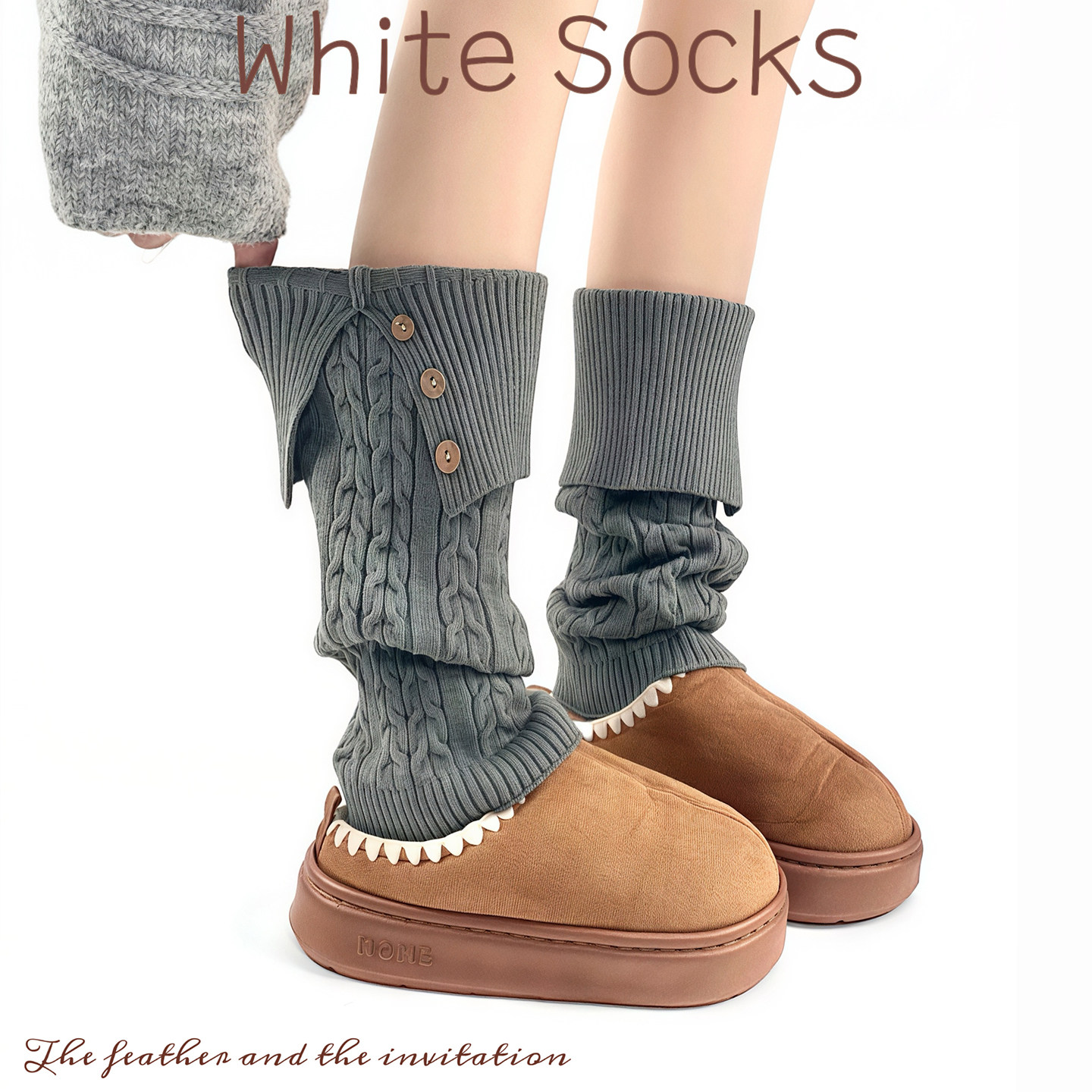 WHITE SOCKS灰色麻花堆堆袜套女秋冬毛线针织翻边纽扣腿套女