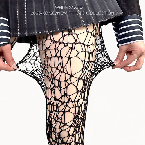 WHITE SOCKS 黑色性感辣妹渔网袜女不规则破洞丝袜朋克风连裤袜