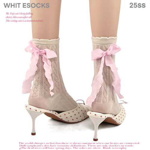 WHITE SOCKS春夏薄款蝴蝶结小腿袜女白色百搭中筒袜堆堆袜女