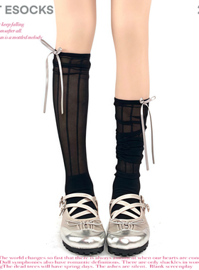 WHITE SOCKS夏季竖条网眼小腿袜精梳棉蝴蝶结堆堆袜百搭ins女黑色