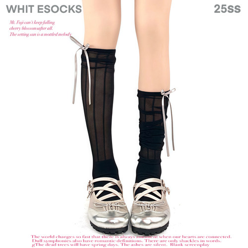 WHITE SOCKS夏季竖条网眼小腿袜精梳棉蝴蝶结堆堆袜百搭ins女黑色