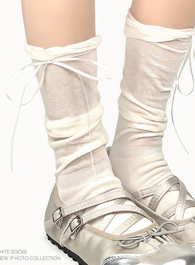 WHITE SOCKS 春夏花边lolita中筒白色堆堆袜jk芭蕾风蝴蝶结小腿袜