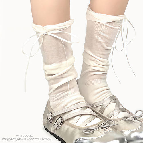 WHITE SOCKS 春夏花边lolita中筒白色堆堆袜jk芭蕾风蝴蝶结小腿袜