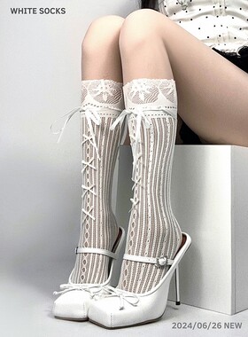 white socks 玛丽珍白色蕾丝绑带蝴蝶结中筒袜芭蕾风小腿堆堆网袜