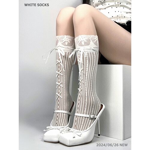 white socks 玛丽珍白色蕾丝绑带蝴蝶结中筒袜芭蕾风小腿堆堆网袜