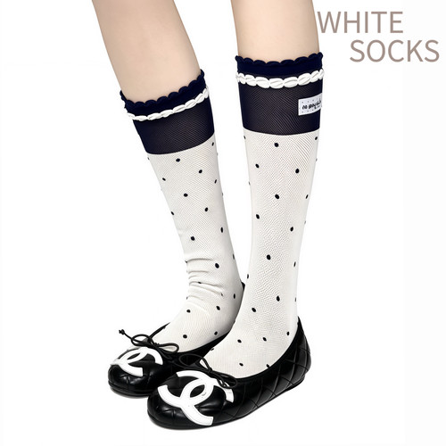 WHITE SOCK韩系撞色花边波点中筒袜学院风网眼拼接显瘦小腿袜薄款