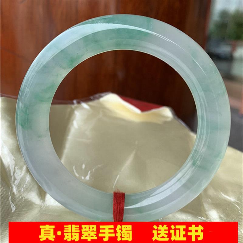 缅甸冰种圆条飘蓝花翡翠手镯水润玉石正圈手镯女款贵妃玉镯子处理