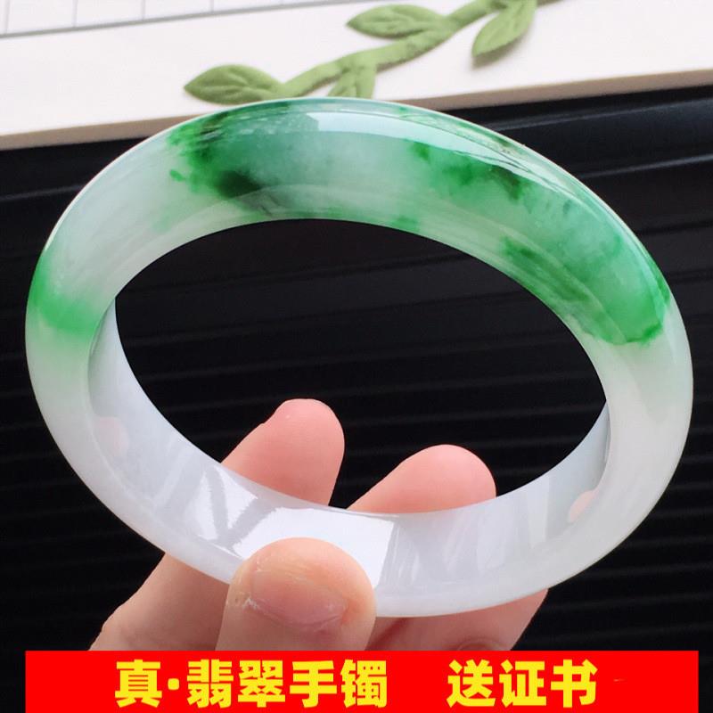 缅甸冰糯种女款翡翠手镯半山半水白绿水润网红平安玉镯子处理