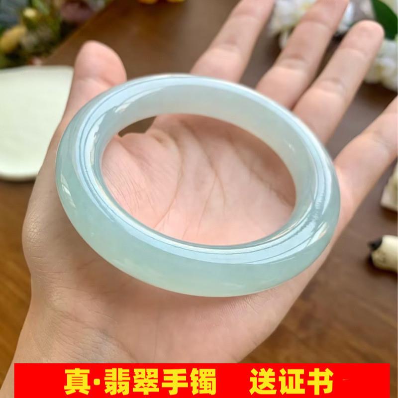 【月新货】缅甸翡翠手镯女冰糯种圆条翡翠玉手镯单色浅阳绿处理