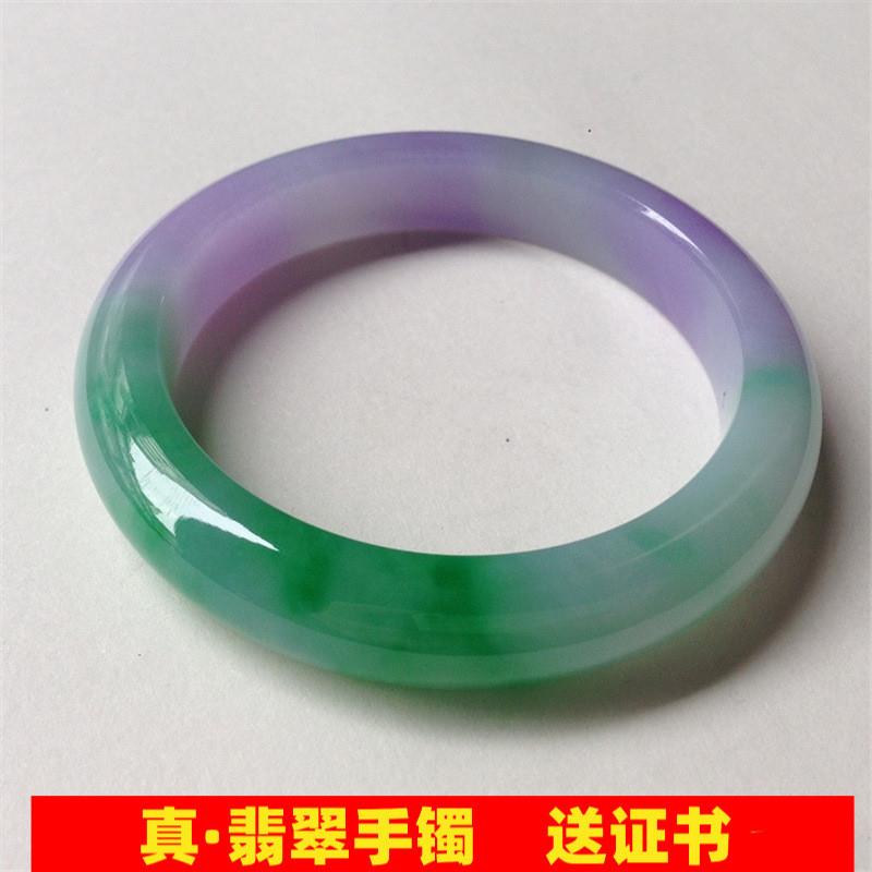 紫罗兰翡翠玉手镯缅甸冰糯种春带彩正圈胖圆条玉镯子绿翡翠处理